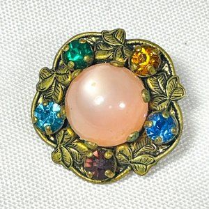 Vintage 1” Pin Brooch Brass Tone Round Pink Moonglow Lucite Center & Rhinestone